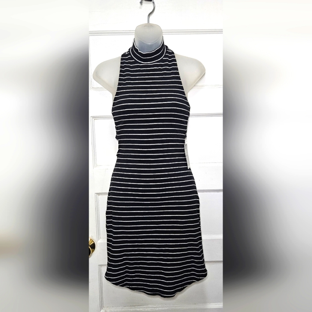 Express Black and white striped Bodycon Mock Neck Slvless Side Cutout Size S